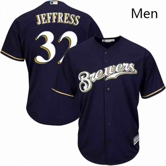 Mens Majestic Milwaukee Brewers 32 Jeremy Jeffress Replica Navy Blue Alternate Cool Base MLB Jersey